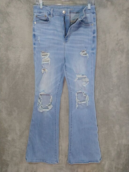 American Eagle Outfitters Denim - American Eagle Jeans Womens 10 Blue Denim Curvy Super High Rise Flare Distressed